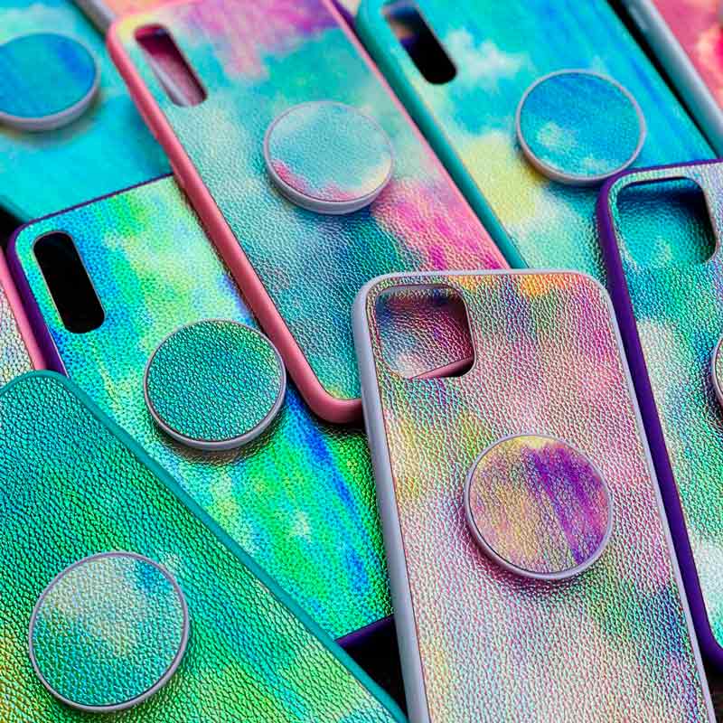 قاب چرمی هولوگرامی پاپ سوکت دار Samsung Galaxy S21 FE 5G صورتی