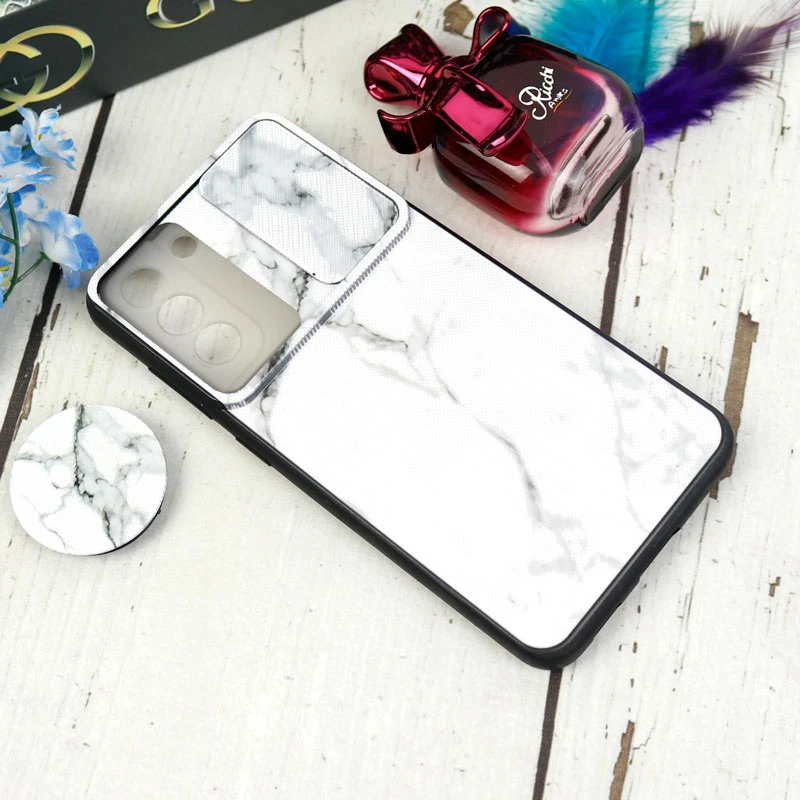 قاب طرحدار محافظ لنزدار کشویی + پاپ سوکت طرح سنگی سفید سامسونگ Samsung Galaxy S21 FE 5G سری C