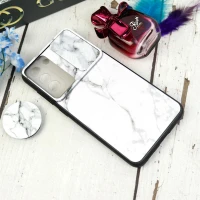 قاب طرحدار محافظ لنزدار کشویی + پاپ سوکت طرح سنگی سفید سامسونگ Samsung Galaxy S21 FE 5G سری C