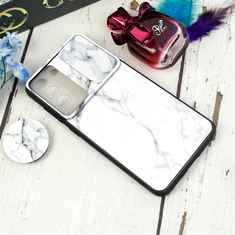 قاب طرحدار محافظ لنزدار کشویی + پاپ سوکت طرح سنگی سفید سامسونگ Samsung Galaxy S21 FE 5G سری C