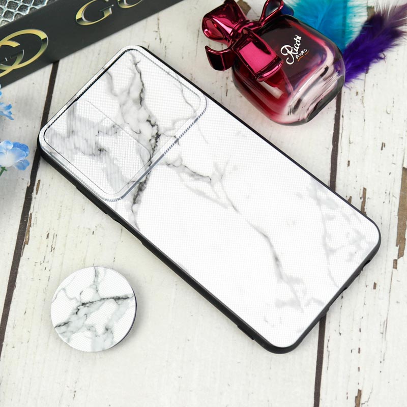 قاب طرحدار محافظ لنزدار کشویی + پاپ سوکت طرح سنگی سفید شیائومی Redmi Note 10 / Note 10s سری C