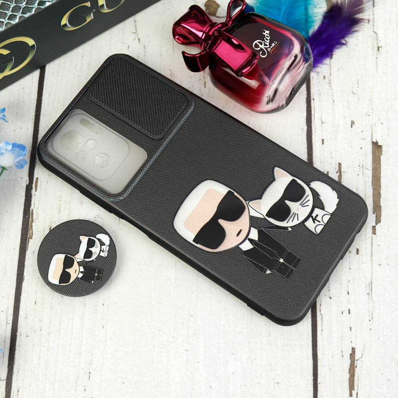 قاب طرحدار محافظ لنزدار کشویی + پاپ سوکت طرح Boss Cat شیائومی Redmi Note 10 / Note 10s سری C