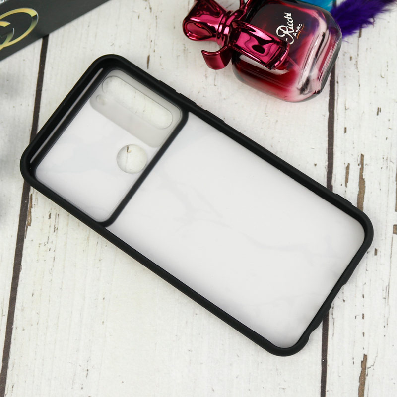 قاب طرحدار محافظ لنزدار کشویی + پاپ سوکت طرح سنگی سفید شیائومی Redmi Note 8 سری C