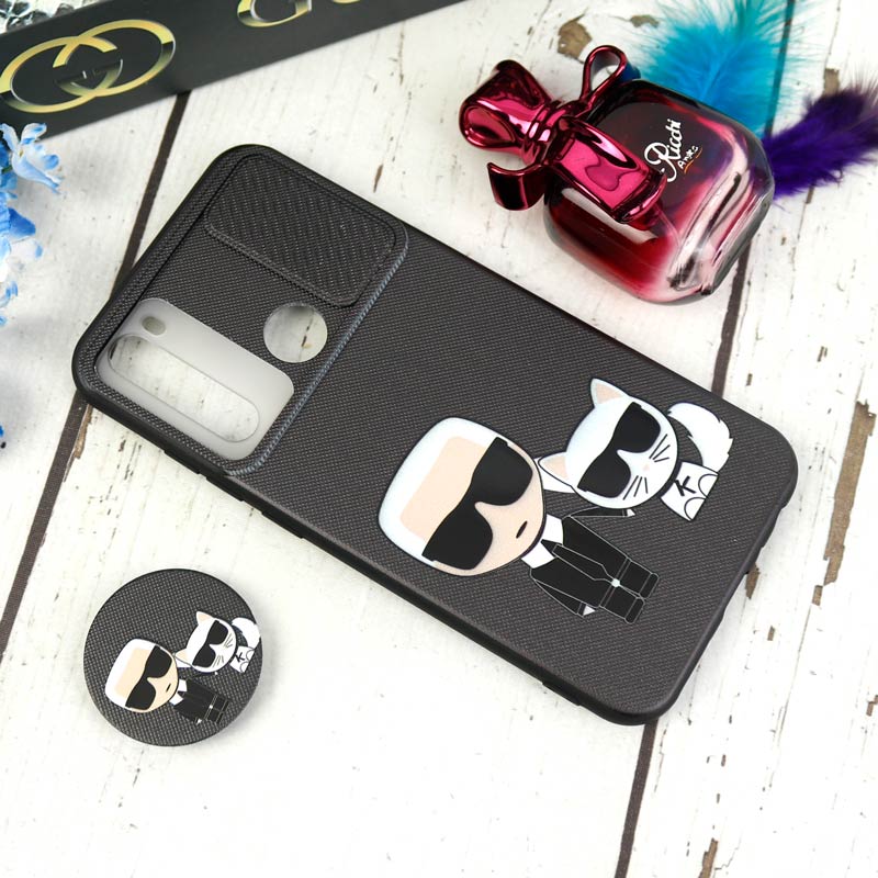قاب طرحدار محافظ لنزدار کشویی + پاپ سوکت طرح Boss Cat شیائومی Redmi Note 8 سری C