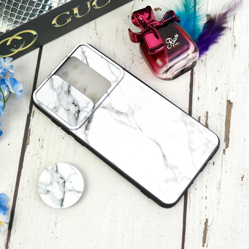 قاب طرحدار محافظ لنزدار کشویی + پاپ سوکت طرح سنگی سفید شیائومی Redmi Note 8 Pro سری C