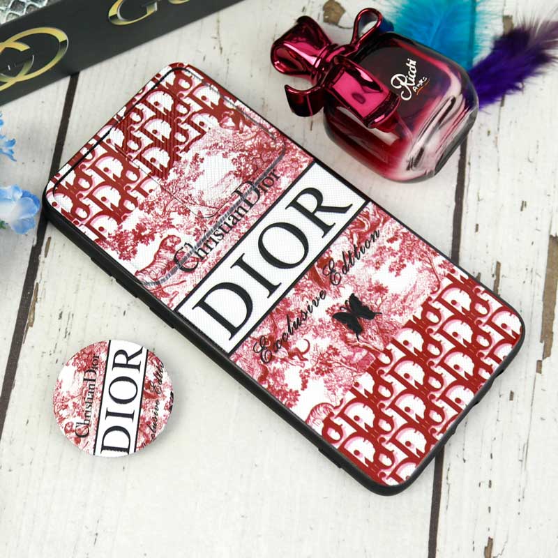 قاب طرحدار محافظ لنزدار کشویی + پاپ سوکت طرح Dior قرمز شیائومی Redmi Note 8 Pro سری C