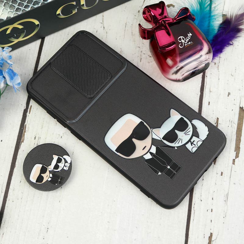 قاب طرحدار محافظ لنزدار کشویی + پاپ سوکت طرح Boss Cat شیائومی Redmi Note 8 Pro سری C