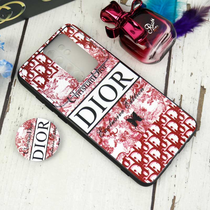 قاب طرحدار محافظ لنزدار کشویی + پاپ سوکت طرح Dior قرمز شیائومی Redmi Note 8 Pro سری C