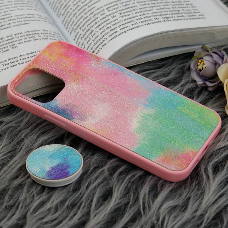 قاب چرمی هولوگرامی پاپ سوکت دار iPhone 12 Pro صورتی