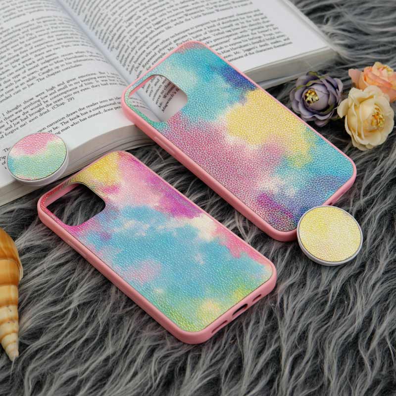 قاب چرمی هولوگرامی پاپ سوکت دار iPhone 12 Pro صورتی