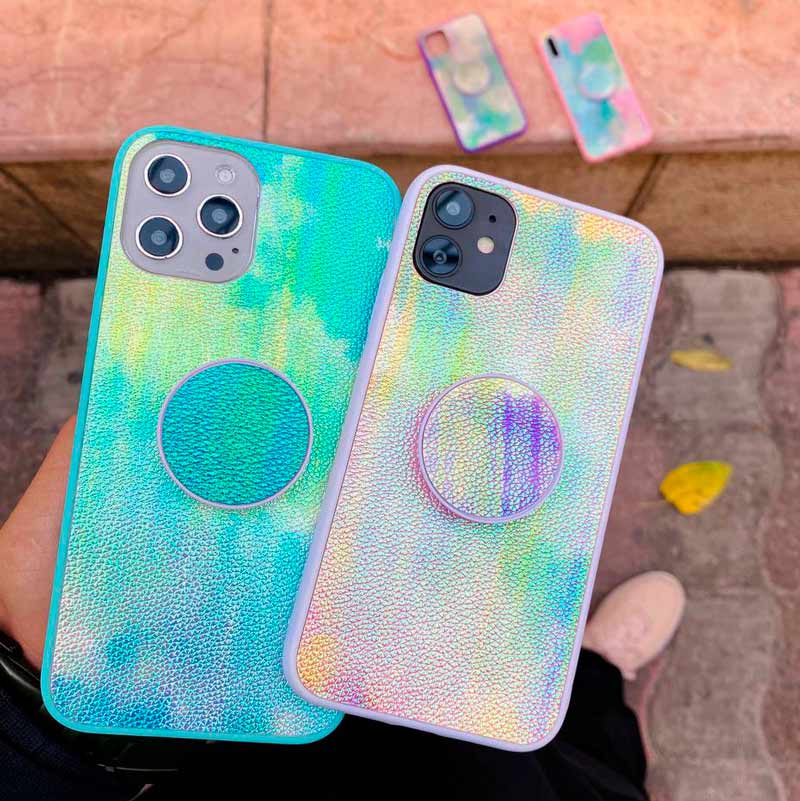 قاب چرمی هولوگرامی پاپ سوکت دار iPhone 12 Pro صورتی