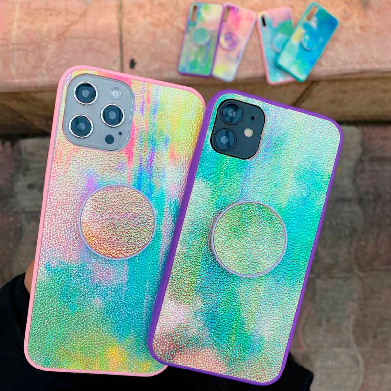 قاب چرمی هولوگرامی پاپ سوکت دار iPhone 12 Pro صورتی