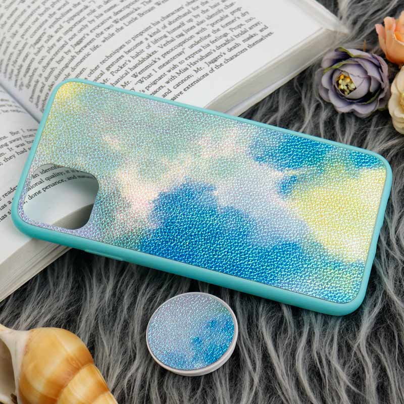 قاب چرمی هولوگرامی پاپ سوکت دار iPhone 11 Pro Max سبز آبی