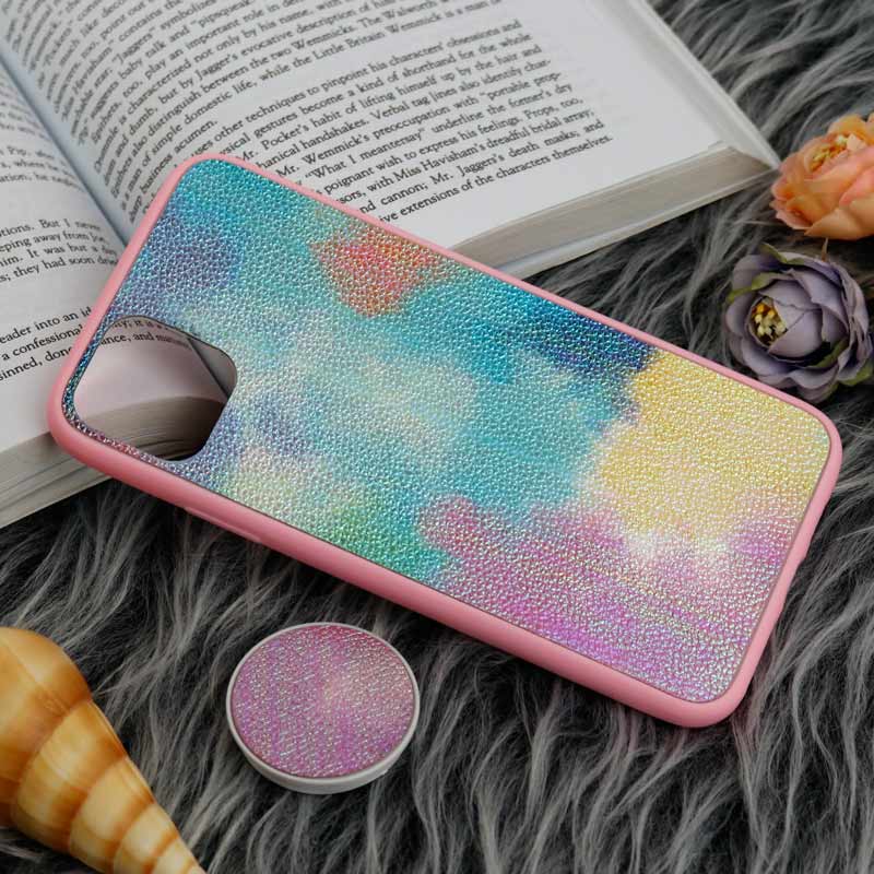 قاب چرمی هولوگرامی پاپ سوکت دار iPhone 11 Pro Max صورتی