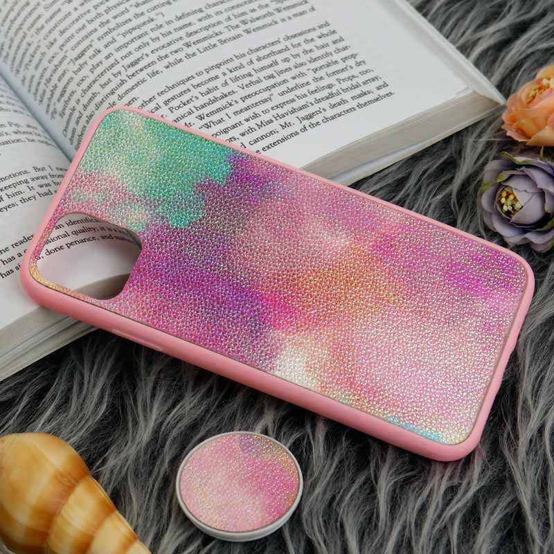 قاب چرمی هولوگرامی پاپ سوکت دار iPhone 11 Pro Max صورتی
