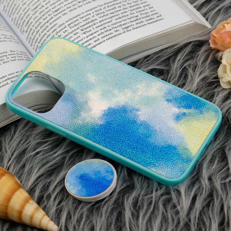 قاب چرمی هولوگرامی پاپ سوکت دار iPhone 12 Pro Max سبز آبی