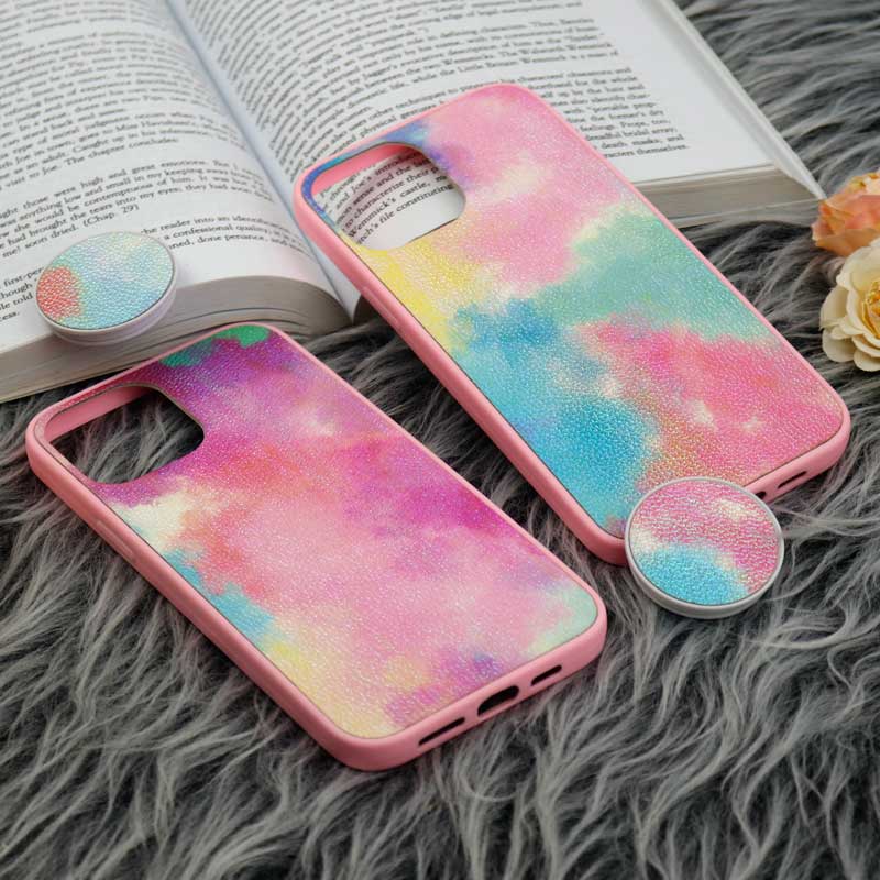 قاب چرمی هولوگرامی پاپ سوکت دار iPhone 12 Pro Max صورتی