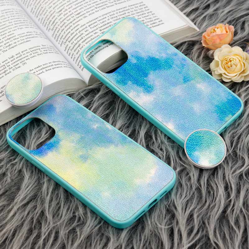 قاب چرمی هولوگرامی پاپ سوکت دار iPhone 12 Pro Max سبز آبی