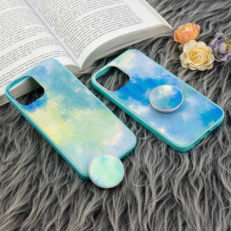 قاب چرمی هولوگرامی پاپ سوکت دار iPhone 12 Pro Max سبز آبی