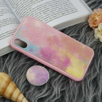 قاب چرمی هولوگرامی پاپ سوکت دار iPhone X صورتی