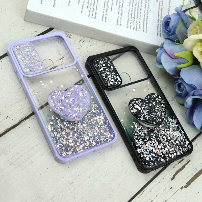 قاب محافظ لنزدار کشویی اکلیلی شفاف + پاپ سوکت قلبی Samsung Galaxy A11