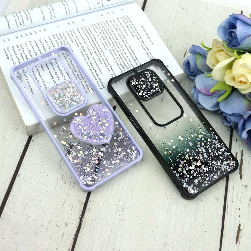 قاب محافظ لنزدار کشویی اکلیلی شفاف + پاپ سوکت قلبی Xiaomi Redmi Note 9s