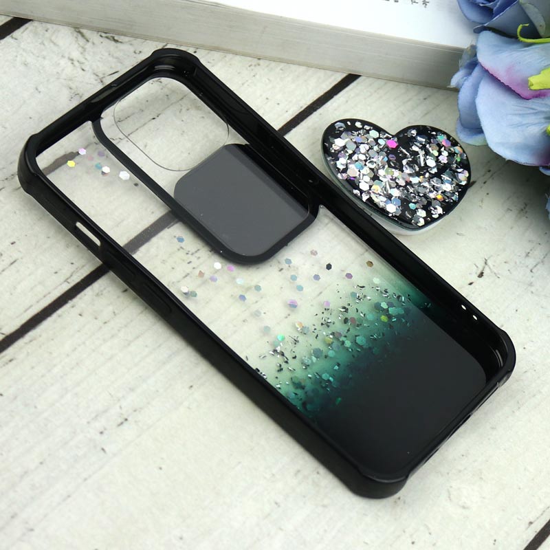 قاب محافظ لنزدار کشویی اکلیلی شفاف + پاپ سوکت قلبی آیفون iPhone 13