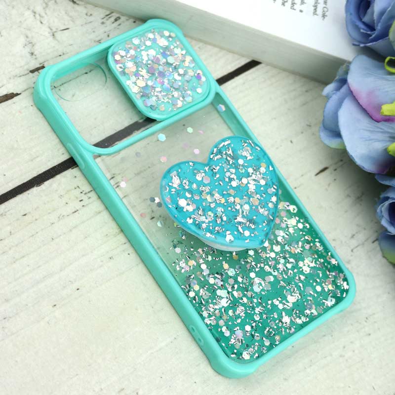 قاب محافظ لنزدار کشویی اکلیلی شفاف + پاپ سوکت قلبی آیفون iPhone 6 / 6s