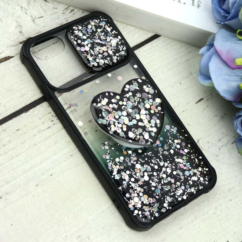 قاب محافظ لنزدار کشویی اکلیلی شفاف + پاپ سوکت قلبی آیفون iPhone 6 / 6s