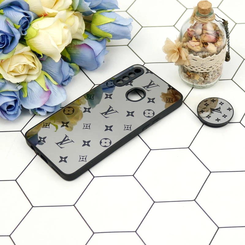 قاب محافظ لنزدار آینه ای + پاپ سوکت طرح LV مشکی Samsung Galaxy A20s
