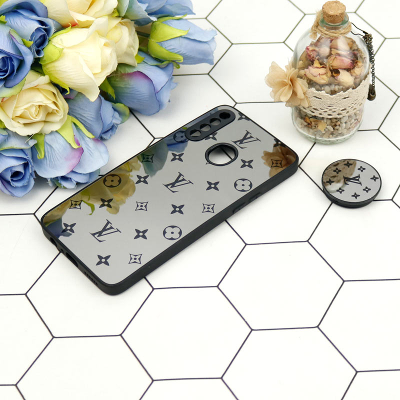 قاب محافظ لنزدار آینه ای + پاپ سوکت طرح LV مشکی Samsung Galaxy A20s