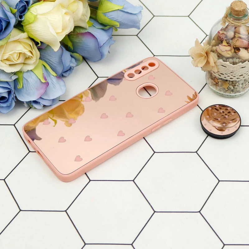 قاب محافظ لنزدار آینه ای + پاپ سوکت طرح قلب صورتی Samsung Galaxy A20s