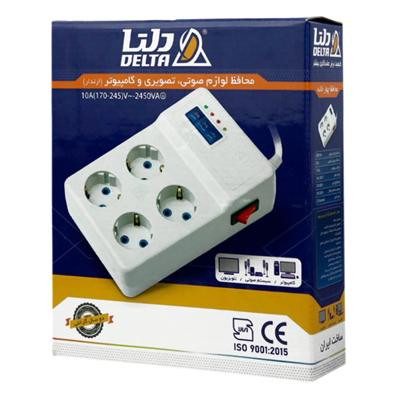 محافظ برق صوتی تصویری 4 خانه ارت دار دلتا با کابل 1٫8 متری Delta D102