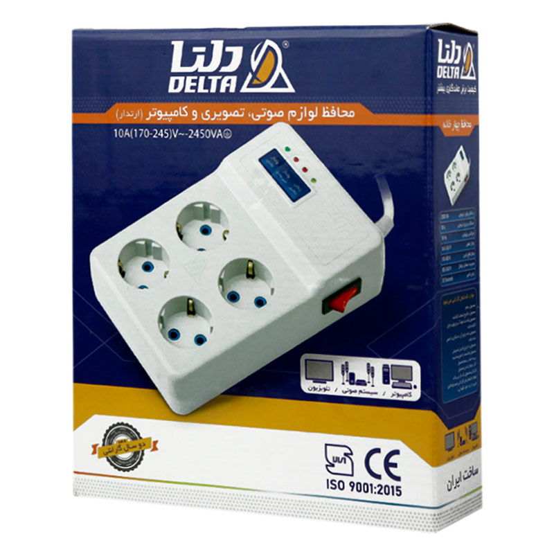 محافظ برق صوتی تصویری 4 خانه ارت دار دلتا با کابل 1٫8 متری Delta D102