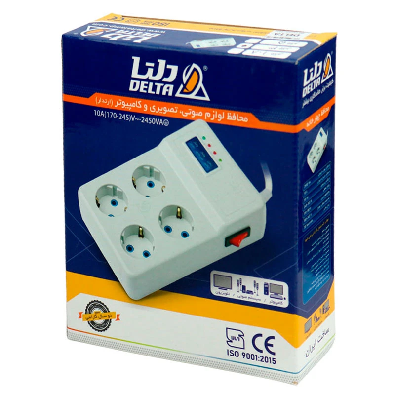 محافظ برق صوتی تصویری 4 خانه ارت دار دلتا با کابل 3 متری Delta D102