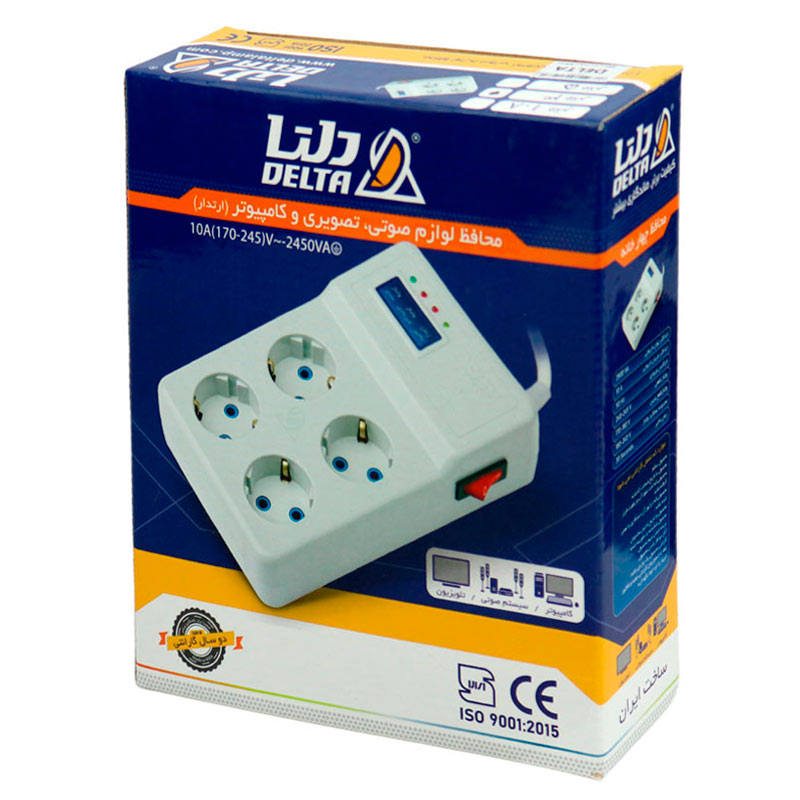 محافظ برق صوتی تصویری 4 خانه ارت دار دلتا با کابل 3 متری Delta D102