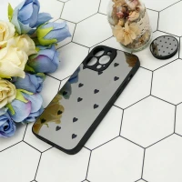 قاب محافظ لنزدار آینه ای + پاپ سوکت طرح قلب مشکی iPhone 13 Pro Max