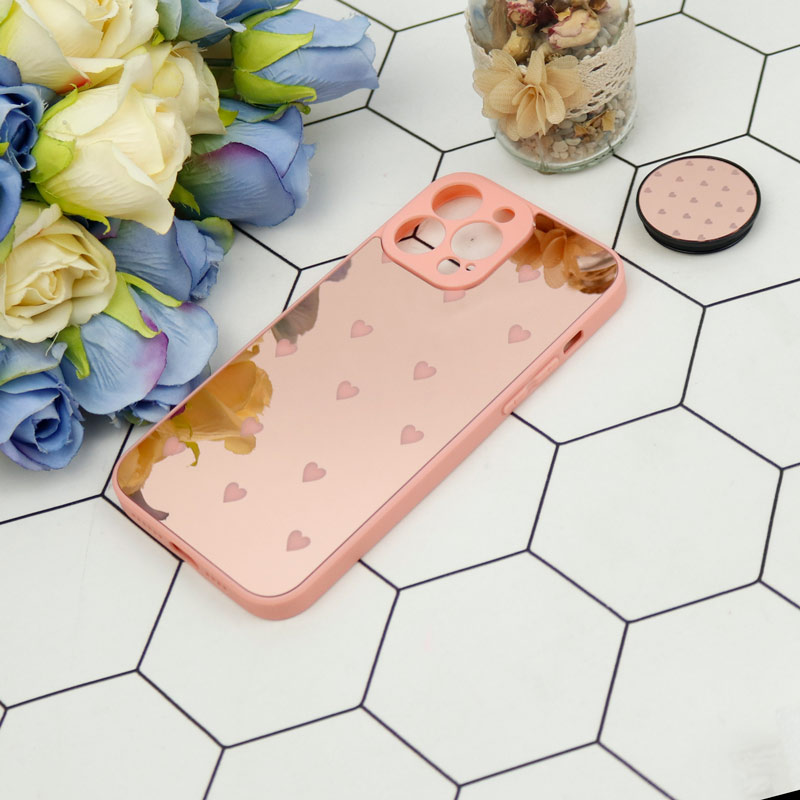 قاب محافظ لنزدار آینه ای + پاپ سوکت طرح قلب صورتی iPhone 13 Pro Max