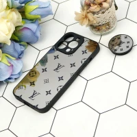 قاب محافظ لنزدار آینه ای + پاپ سوکت طرح LV مشکی iPhone 13 Pro