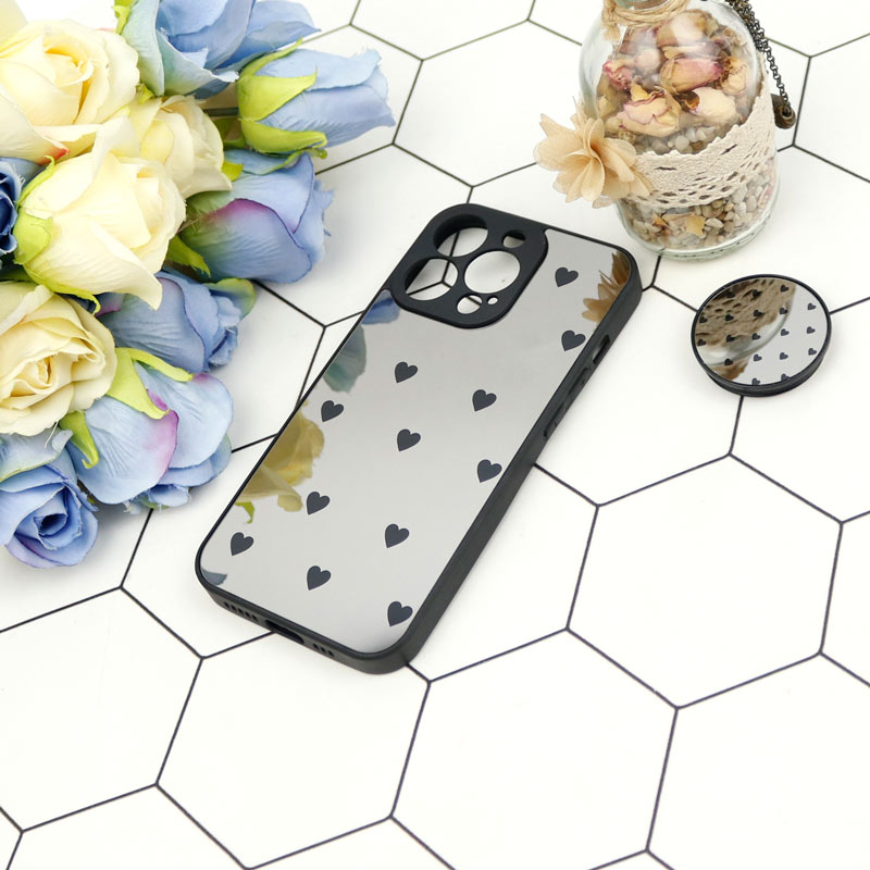 قاب محافظ لنزدار آینه ای + پاپ سوکت طرح قلب مشکی iPhone 13 Pro