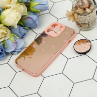 قاب محافظ لنزدار آینه ای + پاپ سوکت طرح قلب صورتی iPhone 13 Pro