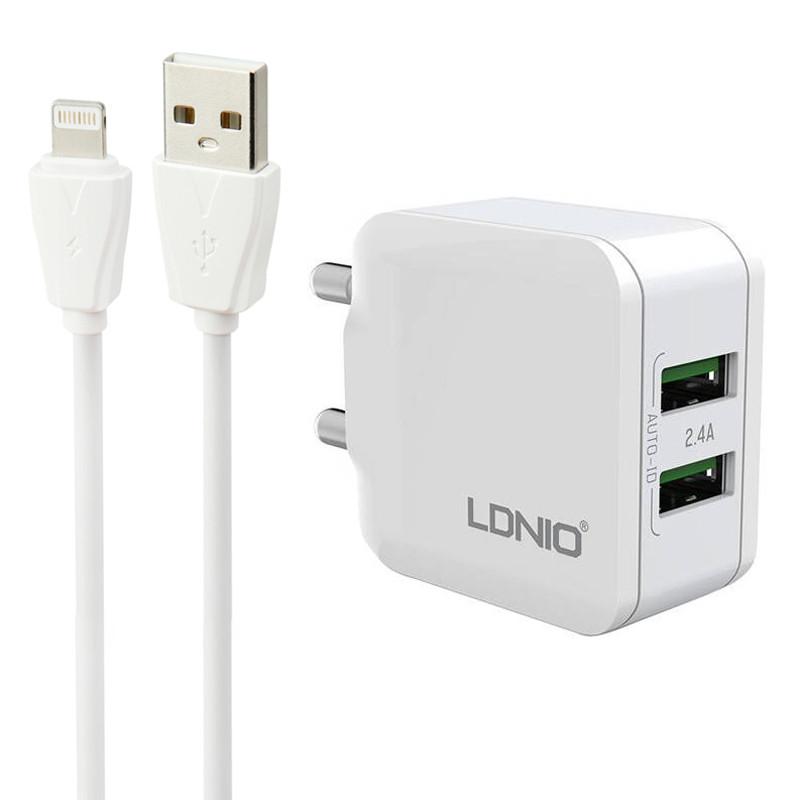 شارژر دیواری فست شارژ LDNIO A2202 2Port 2.4A 12W + کابل آیفونی
