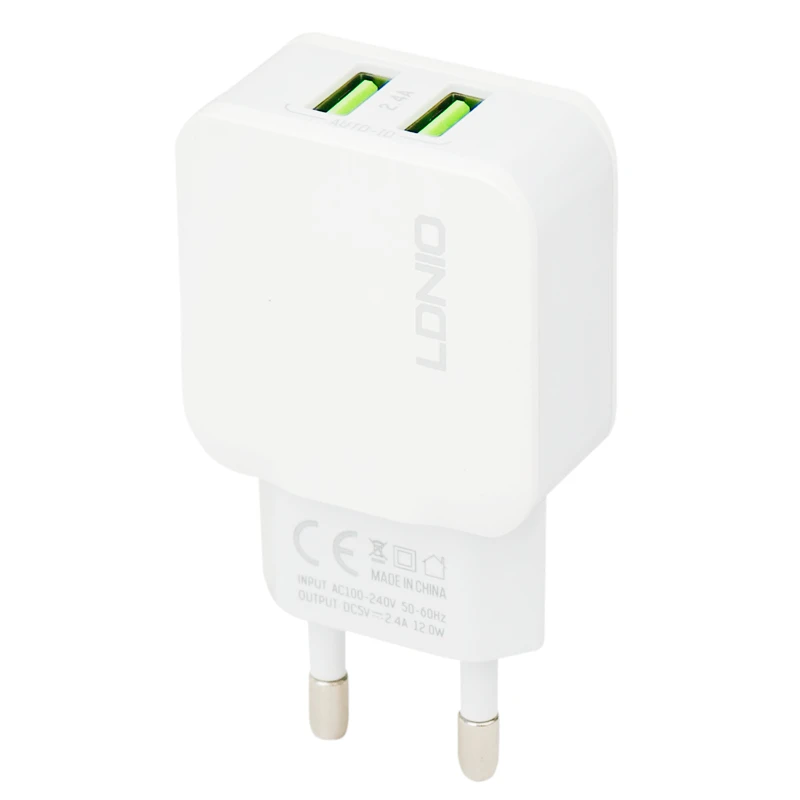 شارژر دیواری فست شارژ LDNIO A2202 2Port 2.4A 12W + کابل آیفونی