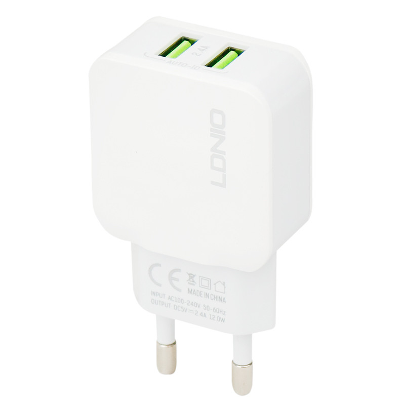 شارژر دیواری فست شارژ LDNIO A2202 2Port 2.4A 12W + کابل آیفونی