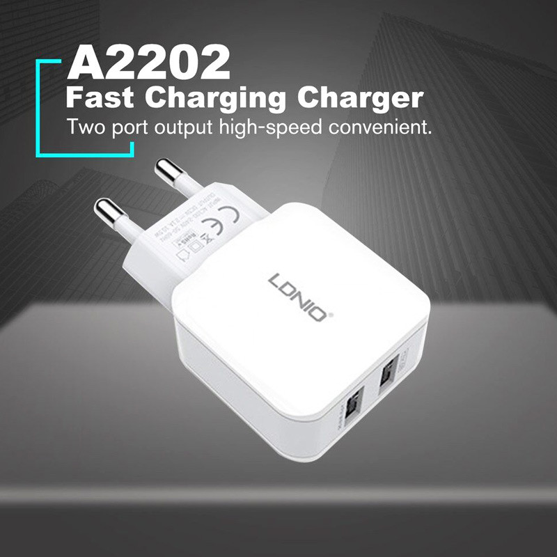 شارژر دیواری فست شارژ LDNIO A2202 2Port 2.4A 12W + کابل آیفونی