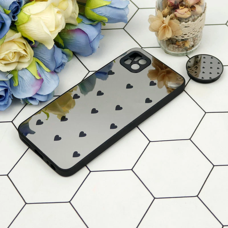 قاب محافظ لنزدار آینه ای + پاپ سوکت طرح قلب مشکی Samsung Galaxy A22 5G