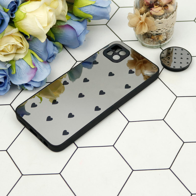 قاب محافظ لنزدار آینه ای + پاپ سوکت طرح قلب مشکی Samsung Galaxy A22 5G