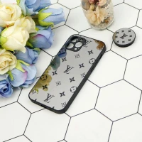 قاب محافظ لنزدار آینه ای + پاپ سوکت طرح LV مشکی iPhone 12 Pro