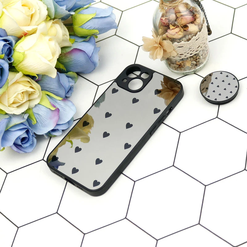 قاب محافظ لنزدار آینه ای + پاپ سوکت طرح قلب مشکی iPhone 13