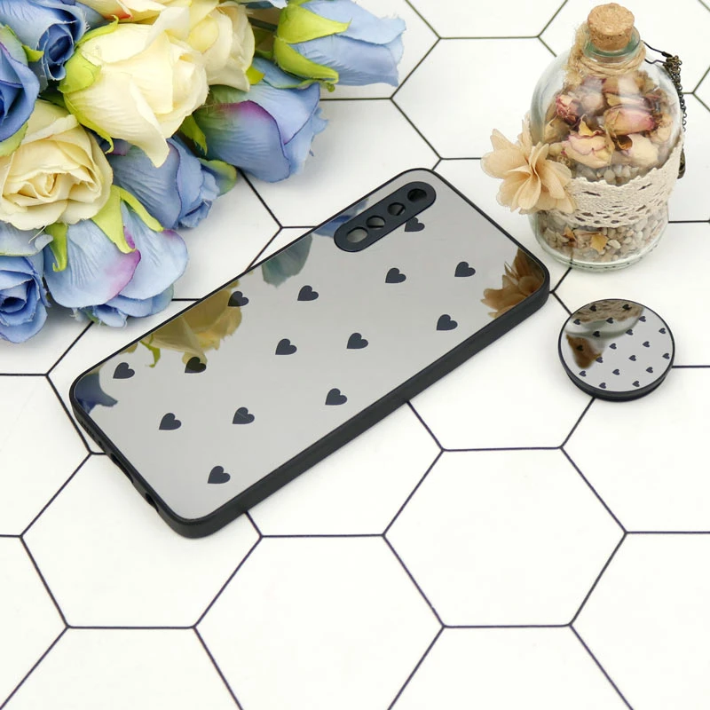 قاب محافظ لنزدار آینه ای + پاپ سوکت طرح قلب مشکی Samsung Galaxy A30s/A50s